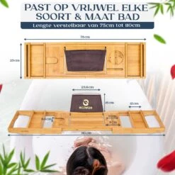 Ecowize Luxe Bamboe Badplank Voor In Bad Met Tablethouder - 100% Natuurlijk Bamboe Badrek Met Boekenhouder - Bad Plank Hout Met Nonslip Grips - Badrekje Voor Bad - Badplankje Uitschuifbaar (75cm Tot 110cm) Met Extra Zeepbakje En Body Brush -Badkamerproducten 1200x1200 945