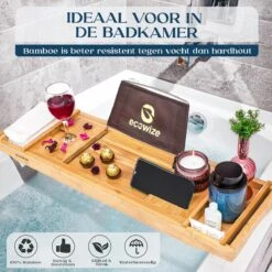 Ecowize Luxe Bamboe Badplank Voor In Bad Met Tablethouder - 100% Natuurlijk Bamboe Badrek Met Boekenhouder - Bad Plank Hout Met Nonslip Grips - Badrekje Voor Bad - Badplankje Uitschuifbaar (75cm Tot 110cm) Met Extra Zeepbakje En Body Brush -Badkamerproducten 1200x1200 946