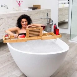 Merkloos Decopatent® Luxe Badplank - Badrekje - Uitschuifbaar 75 Tot 110 Cm - Boekenhouder - Tablethouder - Bamboe Hout Badplankje - Badrek -Badkamerproducten 1200x1200 962