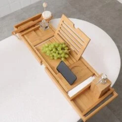 Merkloos Decopatent® Luxe Badplank - Badrekje - Uitschuifbaar 75 Tot 110 Cm - Boekenhouder - Tablethouder - Bamboe Hout Badplankje - Badrek -Badkamerproducten 1200x1200 963