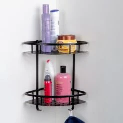 Merkloos Doucherek 2 Laags - Douche Rek Zwart Hangend - Incl 2 Haken Badkamer Accessoires