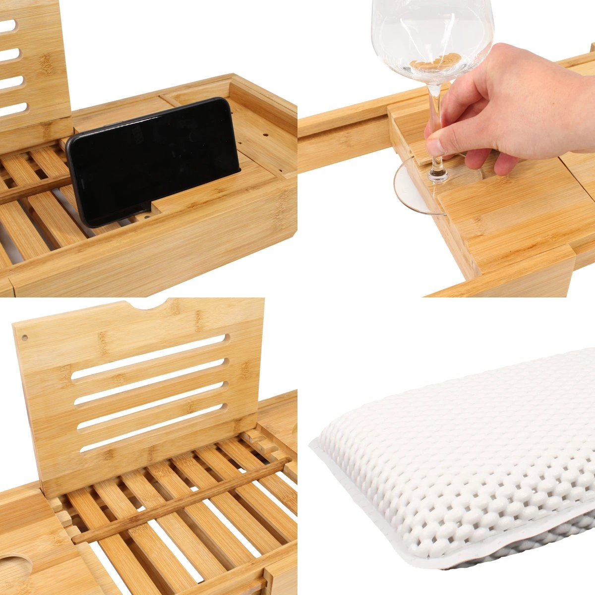 Regno Badplank Voor In Bad - Met Badkussen - Uitschuifbaar En Waterbestendig Badrek - IPad En Glashouder 6 Regno Badplank Voor In Bad - Met Badkussen - Uitschuifbaar En Waterbestendig Badrek - IPad En Glashouder - Afbeelding 6