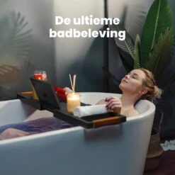 RelaxTub® Badplank - Badplank Voor In Bad - Badrek - Verstelbaar - Anti Slip - Badplank Zwart - Badplank Hout - Badrekje Inclusief Boekenhouder, Tablethouder & Spiegel -Badkamerproducten 1200x1200 981