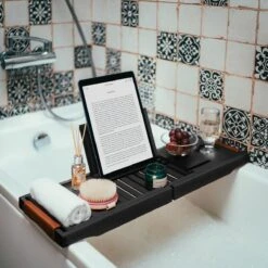 RelaxTub® Badplank - Badplank Voor In Bad - Badrek - Verstelbaar - Anti Slip - Badplank Zwart - Badplank Hout - Badrekje Inclusief Boekenhouder, Tablethouder & Spiegel -Badkamerproducten 1200x1200 982