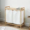 Lifa Bathing Bamboe Rek Met Wasmanden - Polyester En Bamboe - Uitschuifbare Opbermanden Met Deksel - Wassorteerbak 60 Liter - 2 Vakken - Voor Badkamer, Slaapkamer En Wasruimte - 73 X 64 X 33 Cm