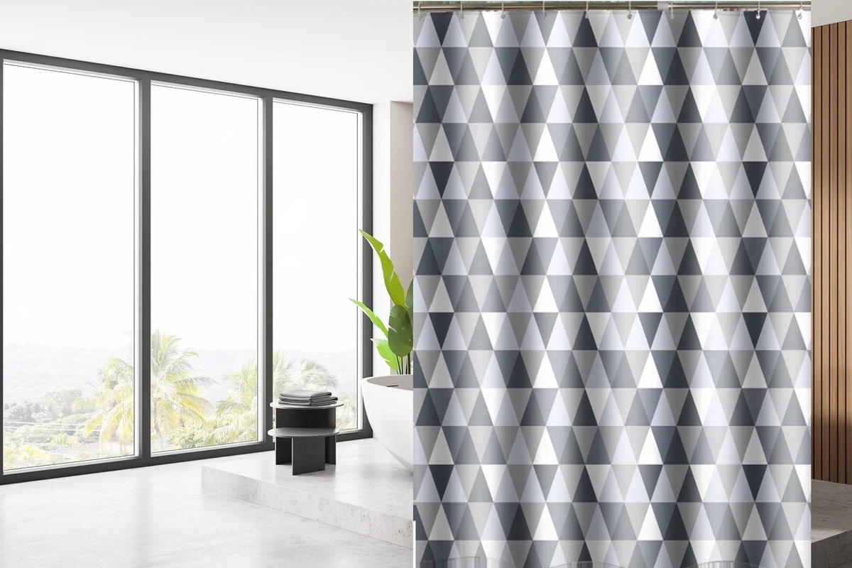 Su.B.dgn Douchegordijn 120x180 Anti Schimmel Polyester Badkamer Douchegordijn Wasbaar Met 12 Ringen | Grijs Driehoek 2 Su.B.dgn Douchegordijn 120x180 Anti Schimmel Polyester Badkamer Douchegordijn Wasbaar Met 12 Ringen | Grijs Driehoek - Afbeelding 2