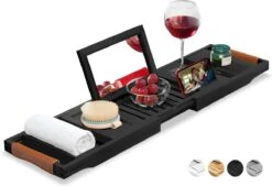 RelaxTub® Badplank - Badplank Voor In Bad - Badrek - Verstelbaar - Anti Slip - Badplank Zwart - Badplank Hout - Badrekje Inclusief Boekenhouder, Tablethouder & Spiegel