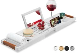 RelaxTub® Badplank - Badplank Voor In Bad - Badrek - Verstelbaar - Anti Slip - Badplank Wit - Badplank Hout - Badrekje Inclusief Boekenhouder, Tablethouder & Spiegel