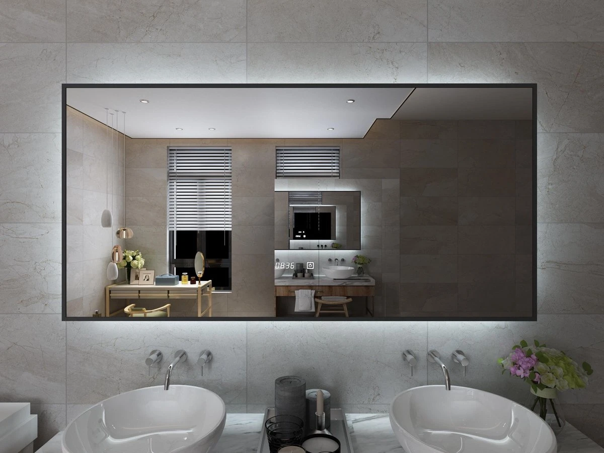 Viidako Badkamerspiegel Met LED Verlichting - Anti Condens - 3 LED Standen - Met Klok - Mat Zwart 1 Viidako Badkamerspiegel Met LED Verlichting - Anti Condens - 3 LED Standen - Met Klok - Mat Zwart