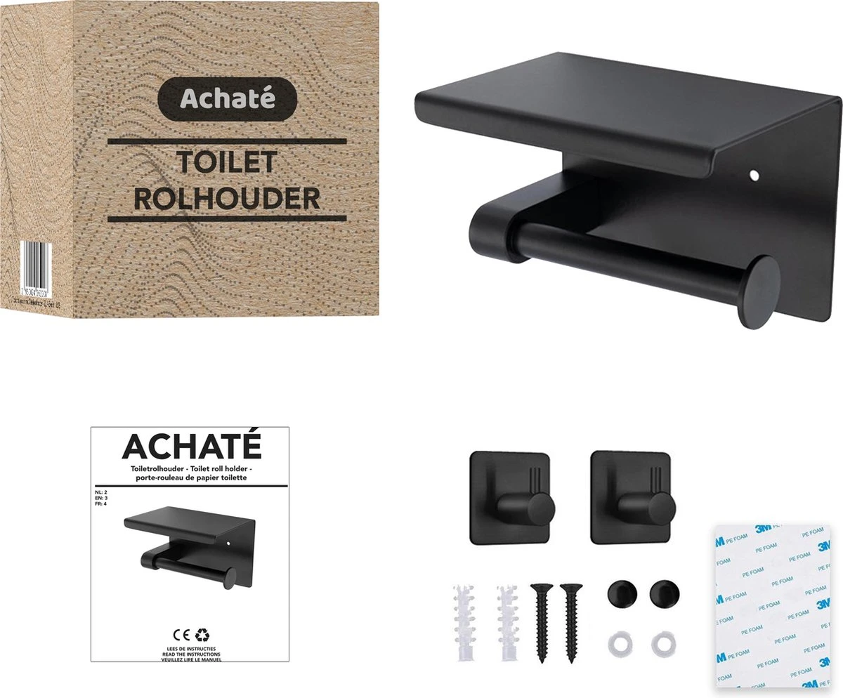 Toiletrolhouder Met Plankje - Zelfklevend Of Boren - WC Rolhouder - Incl. Handdoekhaakjes - Zwart 7 Toiletrolhouder Met Plankje - Zelfklevend Of Boren - WC Rolhouder - Incl. Handdoekhaakjes - Zwart - Afbeelding 7