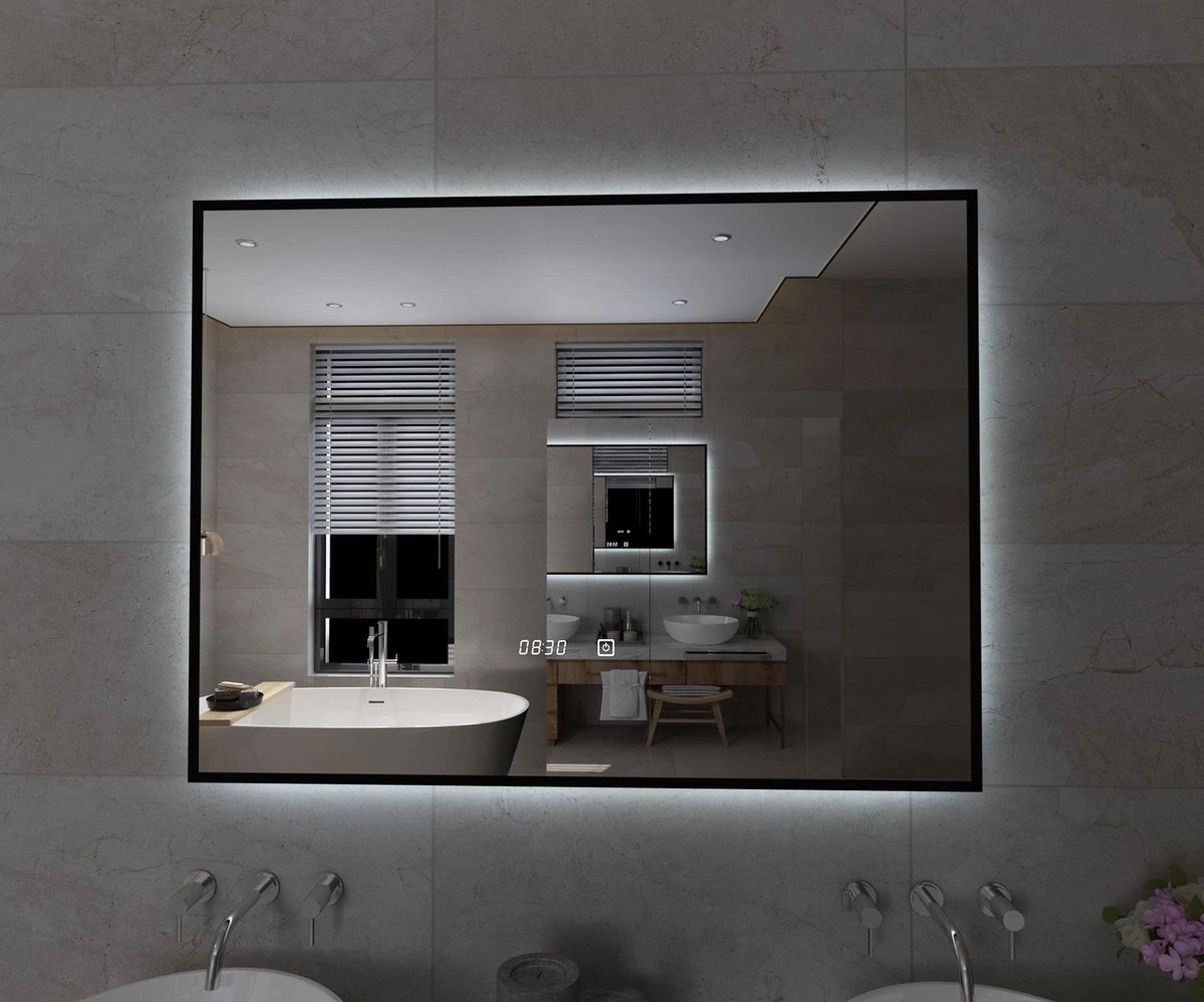 Viidako Badkamerspiegel Met LED Verlichting - Anti Condens - 3 LED Standen - Met Klok - Mat Zwart 2 Viidako Badkamerspiegel Met LED Verlichting - Anti Condens - 3 LED Standen - Met Klok - Mat Zwart - Afbeelding 2