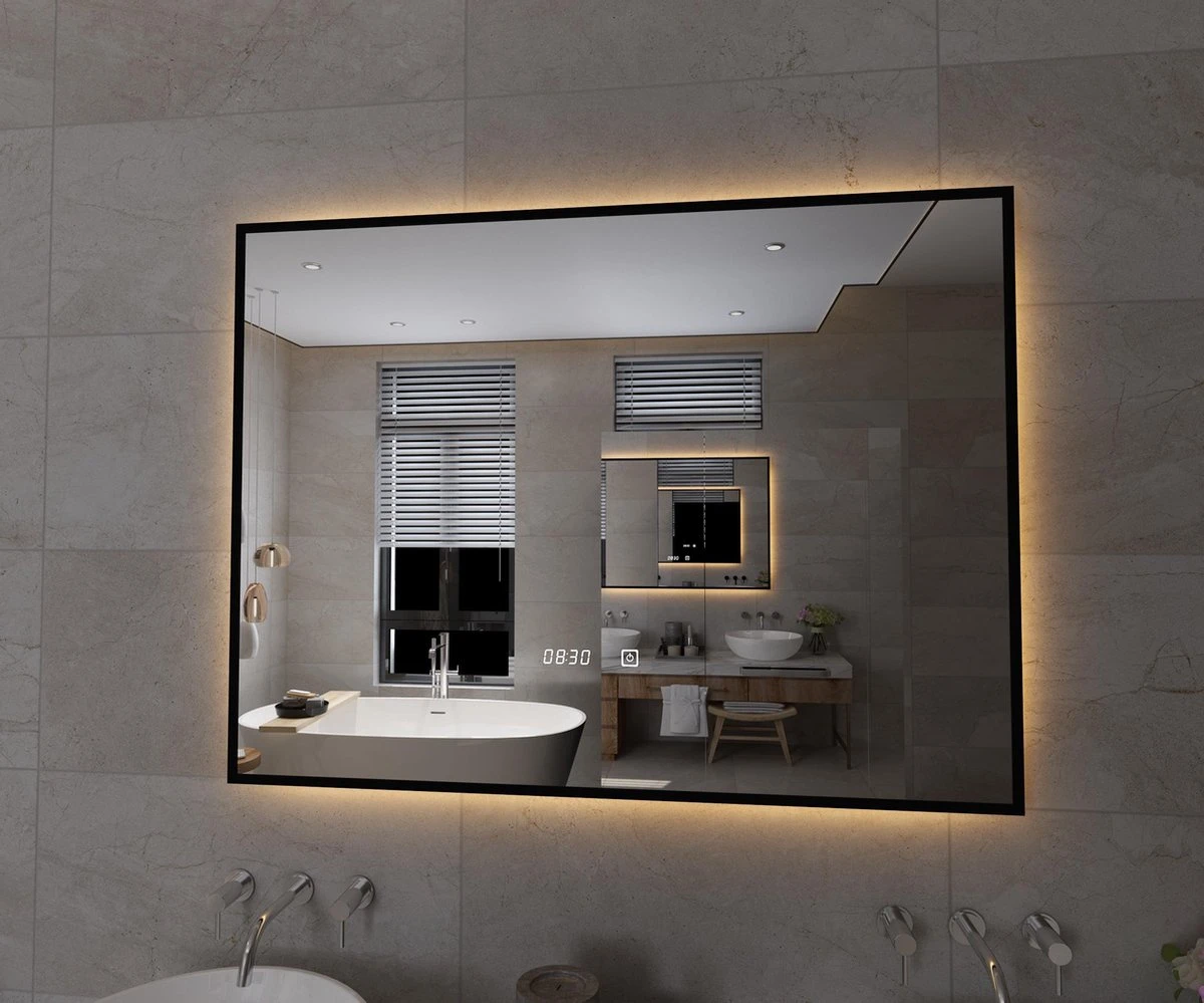 Viidako Badkamerspiegel Met LED Verlichting - Anti Condens - 3 LED Standen - Met Klok - Mat Zwart 3 Viidako Badkamerspiegel Met LED Verlichting - Anti Condens - 3 LED Standen - Met Klok - Mat Zwart - Afbeelding 3