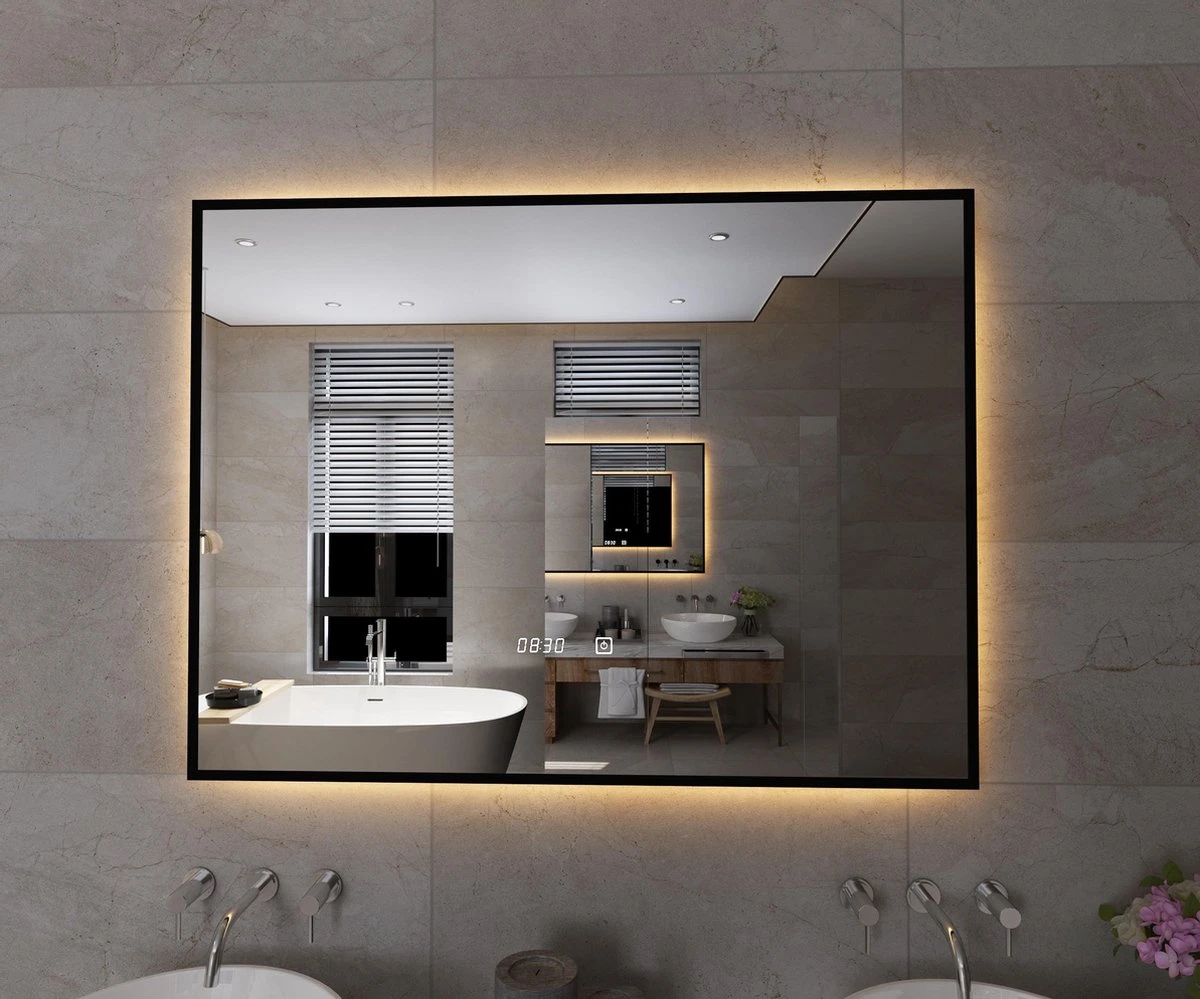 Viidako Badkamerspiegel Met LED Verlichting - Anti Condens - 3 LED Standen - Met Klok - Mat Zwart 4 Viidako Badkamerspiegel Met LED Verlichting - Anti Condens - 3 LED Standen - Met Klok - Mat Zwart - Afbeelding 4