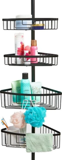 Ogoods Telescopisch Doucherek Inclusief 4 Manden - Zwart - Badkamerrek - Zonder Boren - In Hoogte Verstelbaar - Opbergsysteem