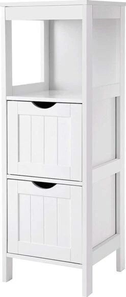 Staand Houten Badkamerkastje Met 2 Te Benutten Schuiflades - Vrijstaand Kastje Voor Badkamer Met Twee Lades - 30x30x89cm - Wit -Badkamerproducten 511x1200