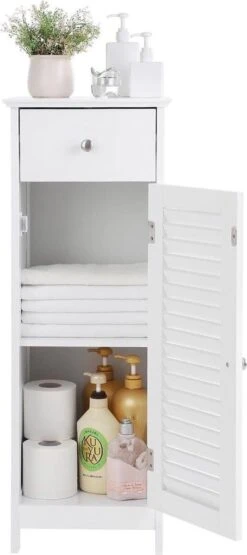 Songmics Badkamermeubel, Badkamermeubel, Zijkast, Nachtkastje Met Lade En Lamellaire Deur, Badkamer, Gang, Slaapkamer, 32 X 87 X 30 Cm, Wit BBC43WT 11 Songmics Badkamermeubel, Badkamermeubel, Zijkast, Nachtkastje Met Lade En Lamellaire Deur, Badkamer, Gang, Slaapkamer, 32 X 87 X 30 Cm, Wit BBC43WT -Badkamerproducten 534x1200 1