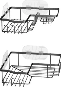 STRICX Doucherekhoek 2 Laags Zwart - Zonder Boren - Zelfklevend Doucherek - Doucherek - Doucherek Voor Badkamer/ Keuken - Doucherek Met Plakstrip - Keukenrek Met Plakstrip - Badrek Douche – Doucherek Hoekvorm - Badkamerrek Douchemandje -Badkamerproducten 839x1200