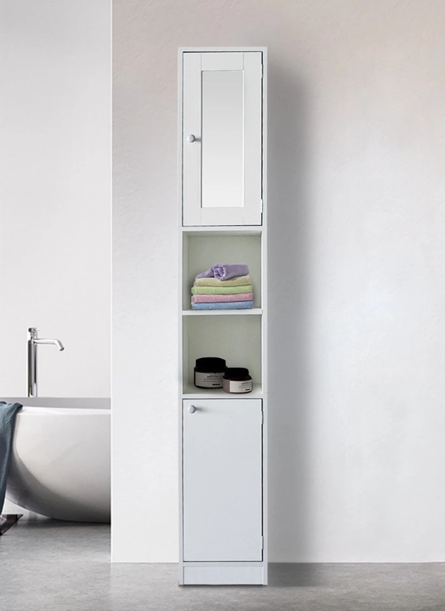 Kolomkast - Opbergkast Badkamer Of Hal - Met Spiegel - 180 Cm Hoog - Wit 4 Kolomkast - Opbergkast Badkamer Of Hal - Met Spiegel - 180 Cm Hoog - Wit - Afbeelding 4