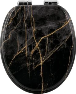Kamyra® Toiletbril Met Softclose & Print - Toiletbrillen, WC Bril, Brillen, Toiletzitting - Zwart Marmer - 37.5x43.5 Cm